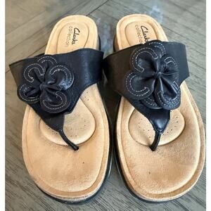 Clarks Brynn Style Leather Slide Flower Detail Sandal-Black-Flip Flop Size 8